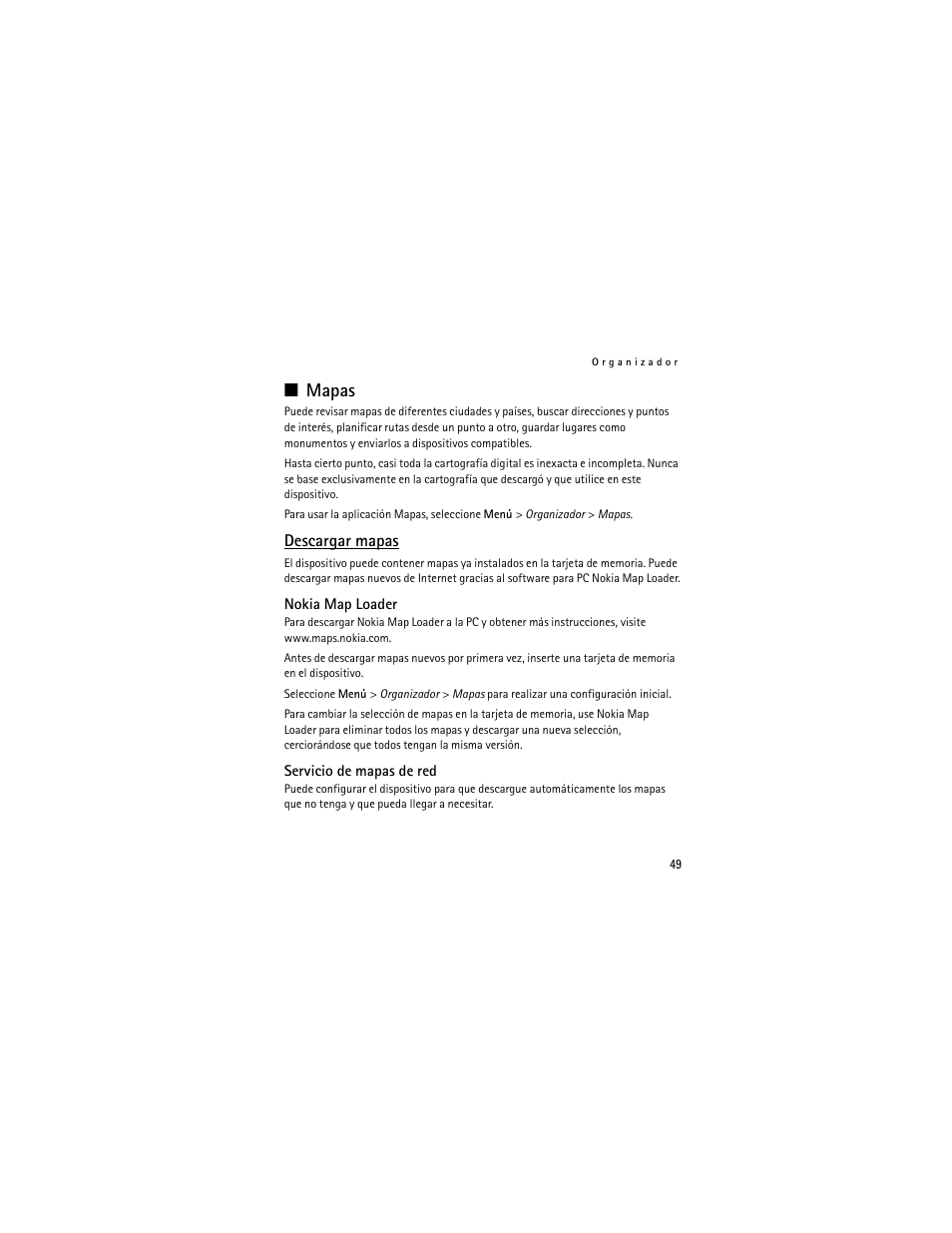 Mapas, Descargar mapas, Nokia map loader | Servicio de mapas de red | Nokia 3711 User Manual | Page 114 / 138