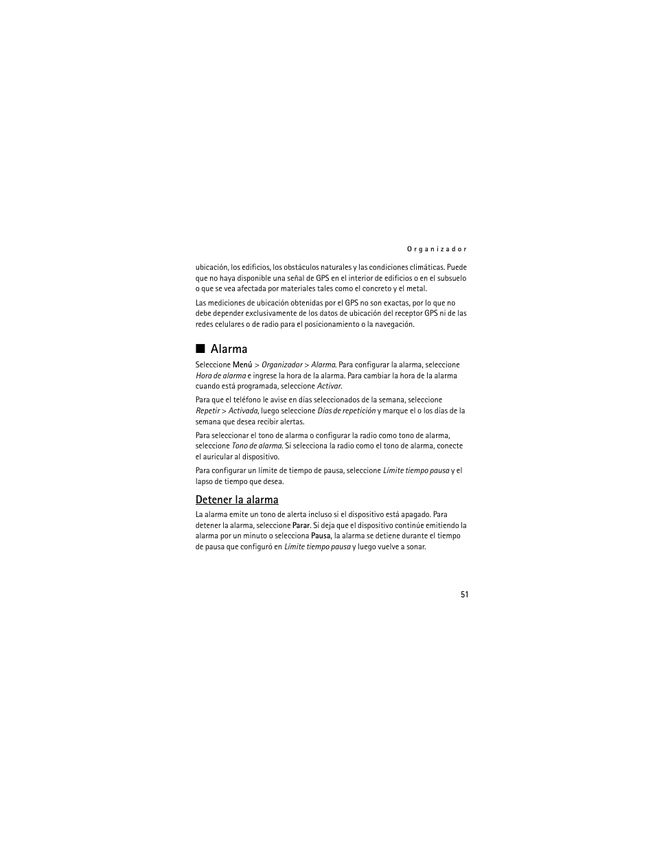 Alarma, Detener la alarma | Nokia 3711 User Manual | Page 116 / 138