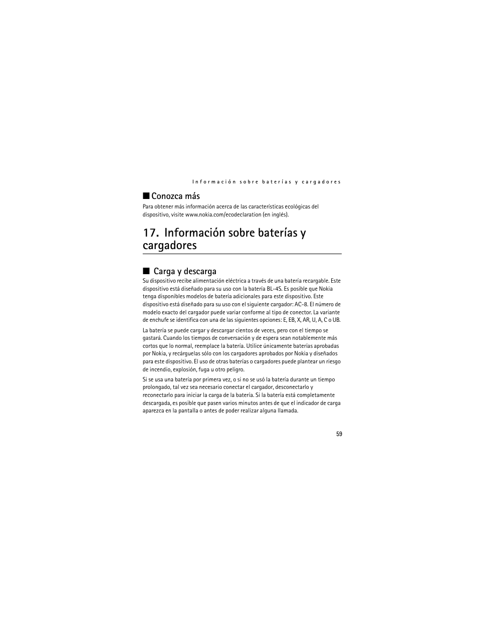 Conozca más, Información sobre baterías y cargadores, Carga y descarga | Nokia 3711 User Manual | Page 124 / 138