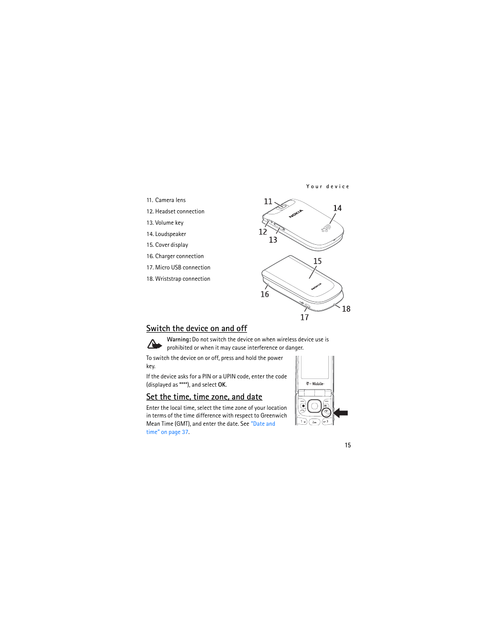 Switch the device on and off, Set the time, time zone, and date | Nokia 3711 User Manual | Page 15 / 138