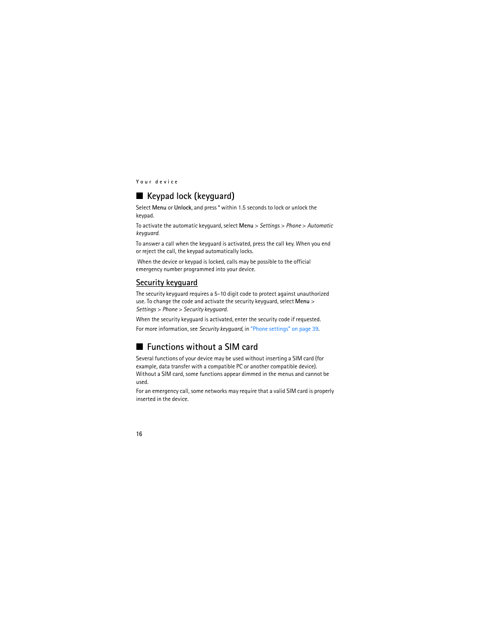 Keypad lock (keyguard), Security keyguard, Functions without a sim card | Nokia 3711 User Manual | Page 16 / 138