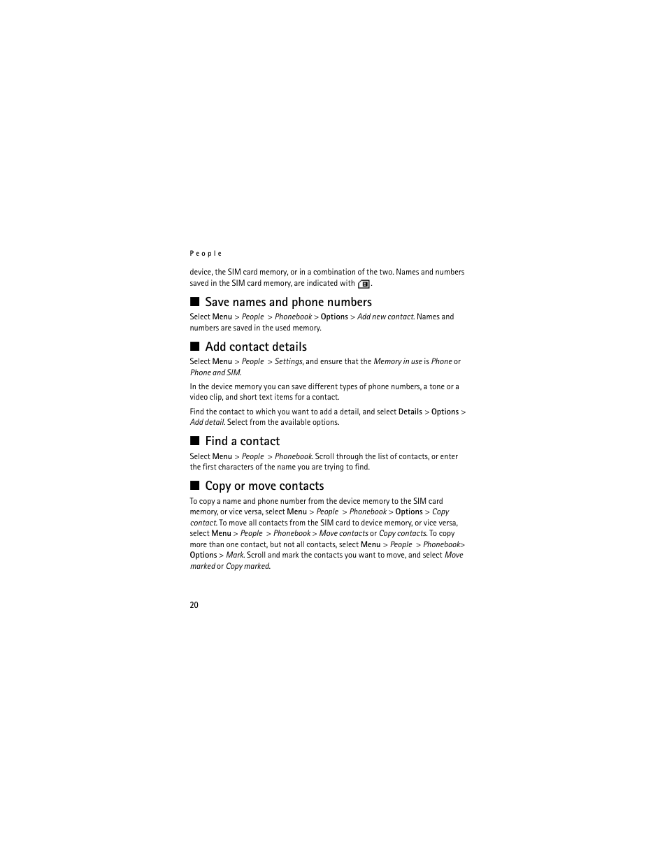 Save names and phone numbers, Add contact details, Find a contact | Copy or move contacts, Pres | Nokia 3711 User Manual | Page 20 / 138