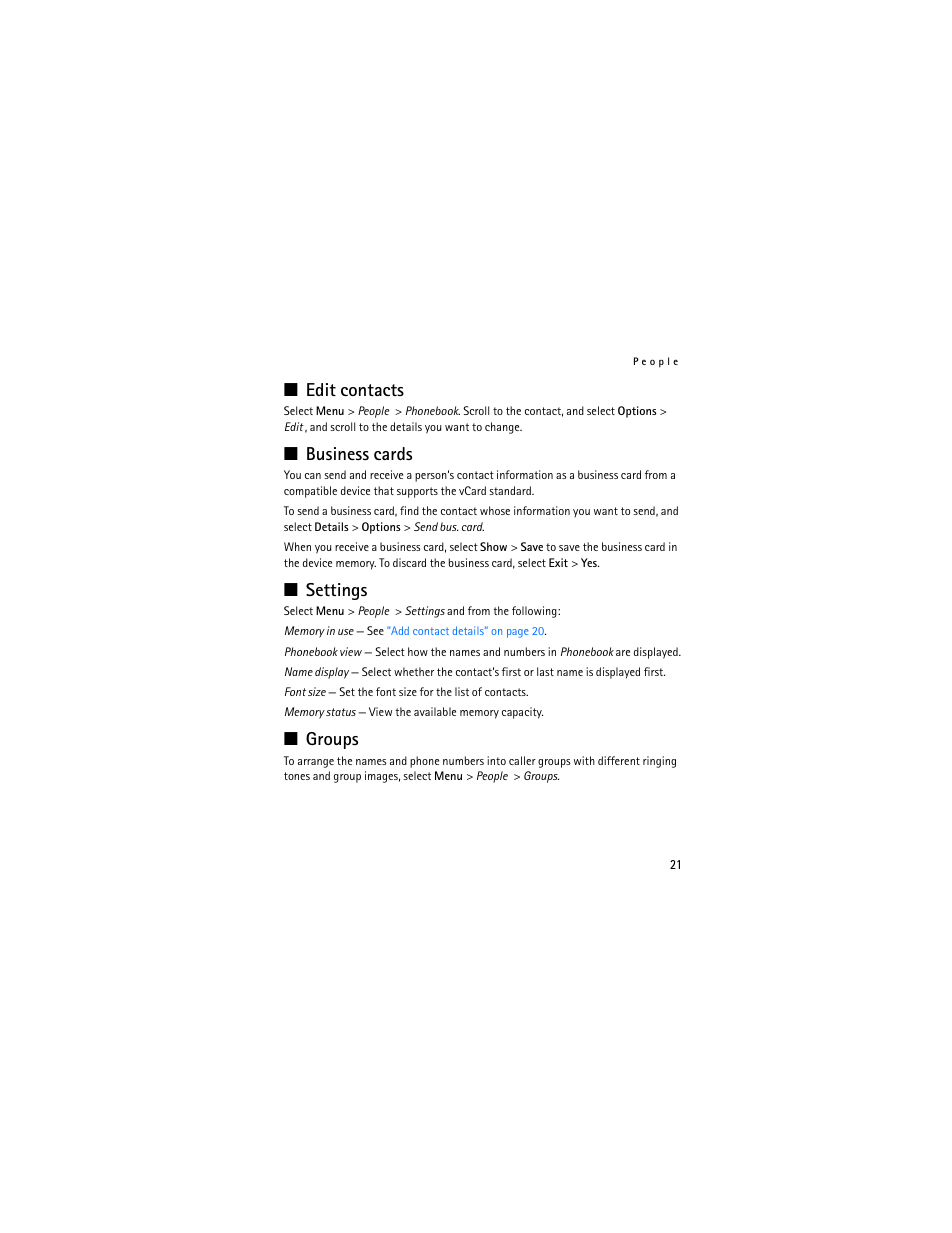 Edit contacts, Business cards, Settings | Groups | Nokia 3711 User Manual | Page 21 / 138