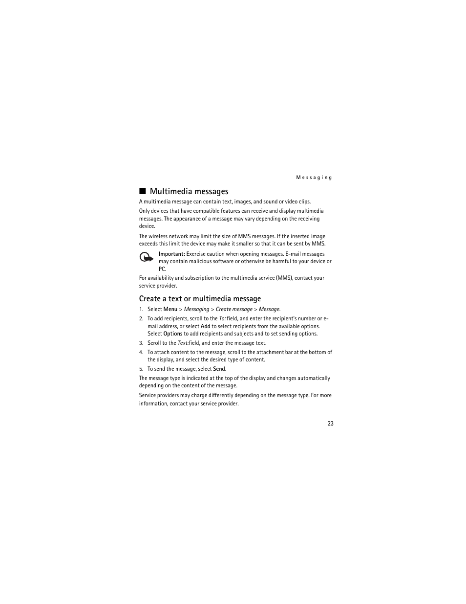 Multimedia messages, Create a text or multimedia message | Nokia 3711 User Manual | Page 23 / 138