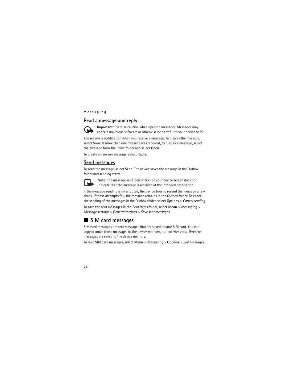 Read a message and reply, Send messages, Sim card messages | Nokia 3711 User Manual | Page 24 / 138