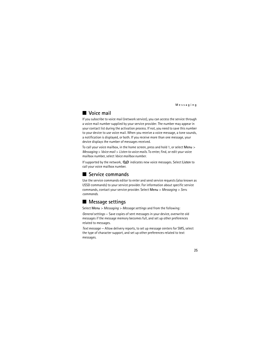 Voice mail, Service commands, Message settings | Nokia 3711 User Manual | Page 25 / 138