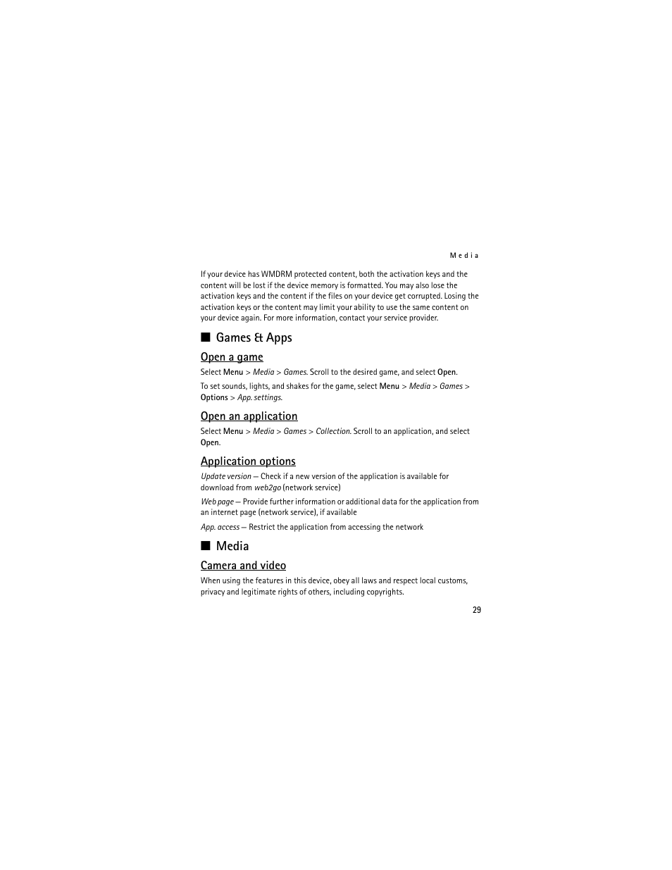 Games & apps, Open a game, Open an application | Application options, Media, Camera | Nokia 3711 User Manual | Page 29 / 138