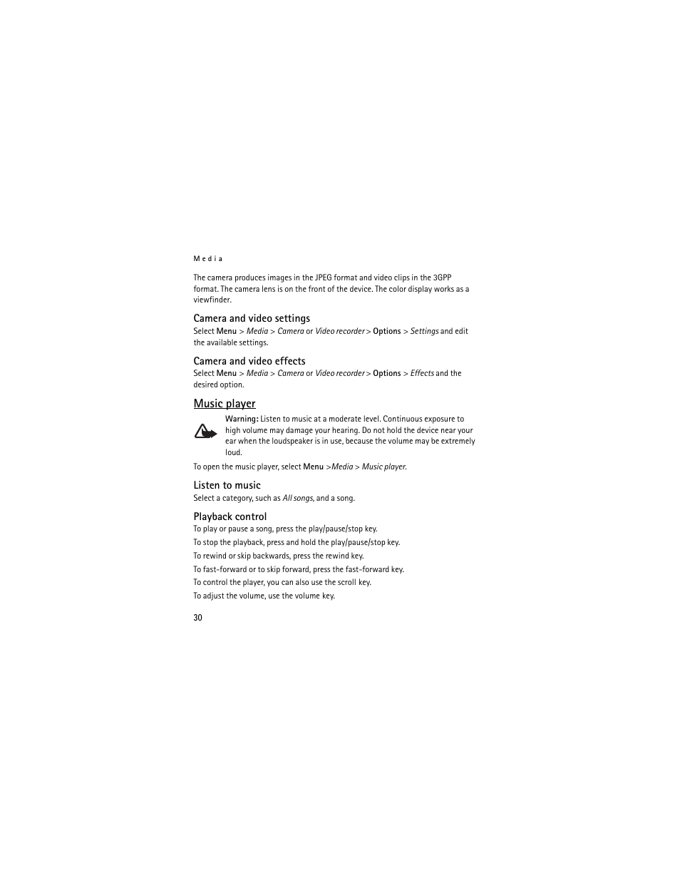 Camera and video settings, Camera and video effects, Music player | Listen to music, Playback control | Nokia 3711 User Manual | Page 30 / 138