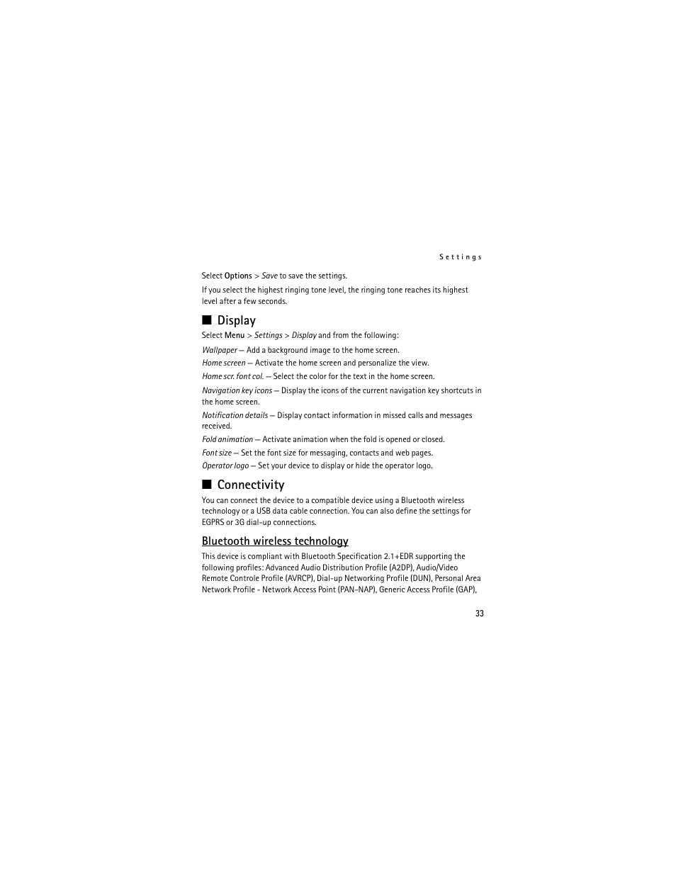 Display, Connectivity, Bluetooth wireless technology | Nokia 3711 User Manual | Page 33 / 138