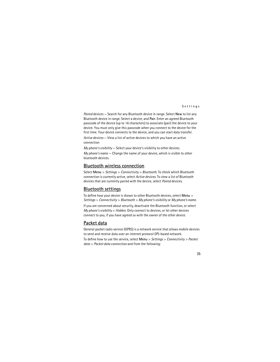 Bluetooth wireless connection, Bluetooth settings, Packet data | Nokia 3711 User Manual | Page 35 / 138