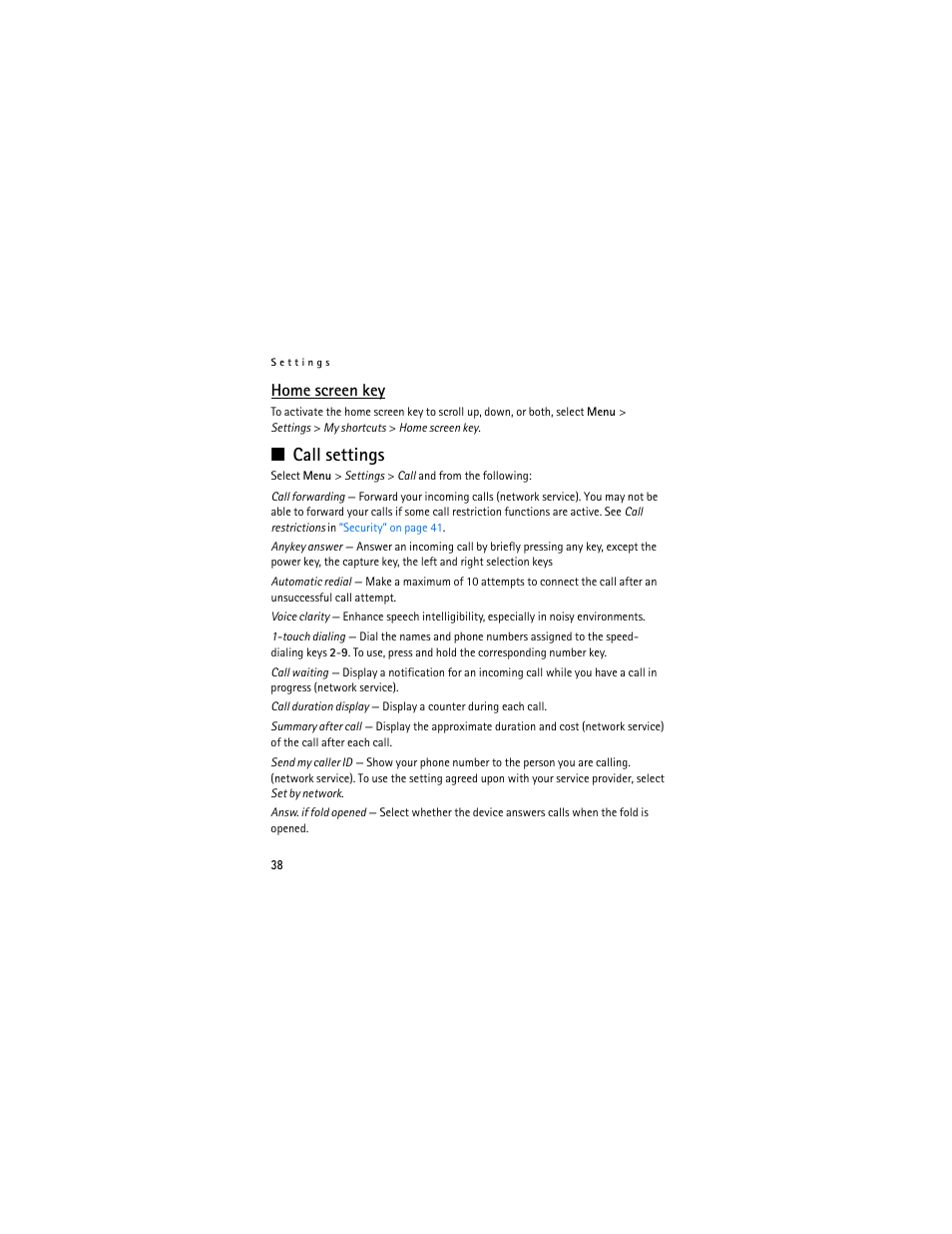 Home screen key, Call settings | Nokia 3711 User Manual | Page 38 / 138