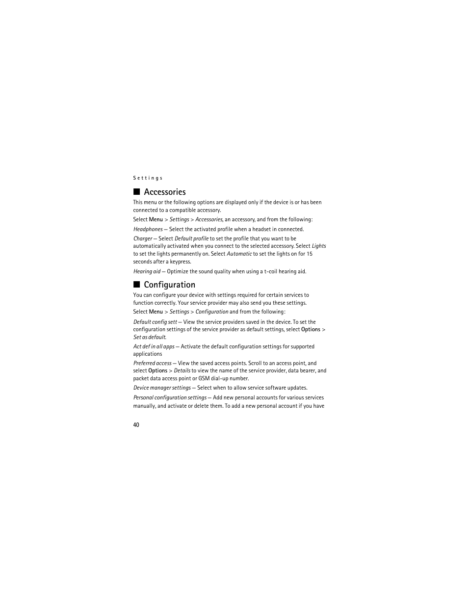 Accessories, Configuration | Nokia 3711 User Manual | Page 40 / 138