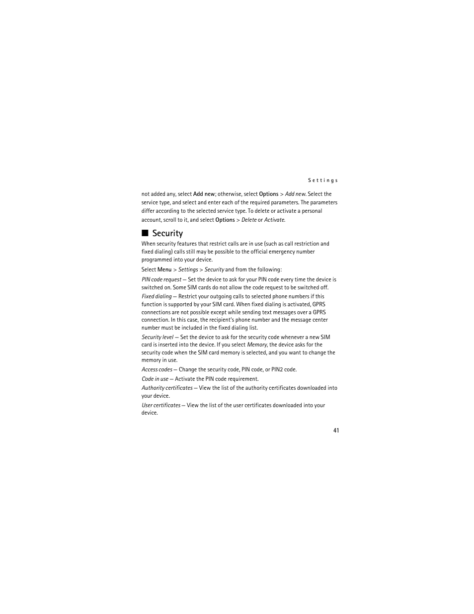 Security | Nokia 3711 User Manual | Page 41 / 138