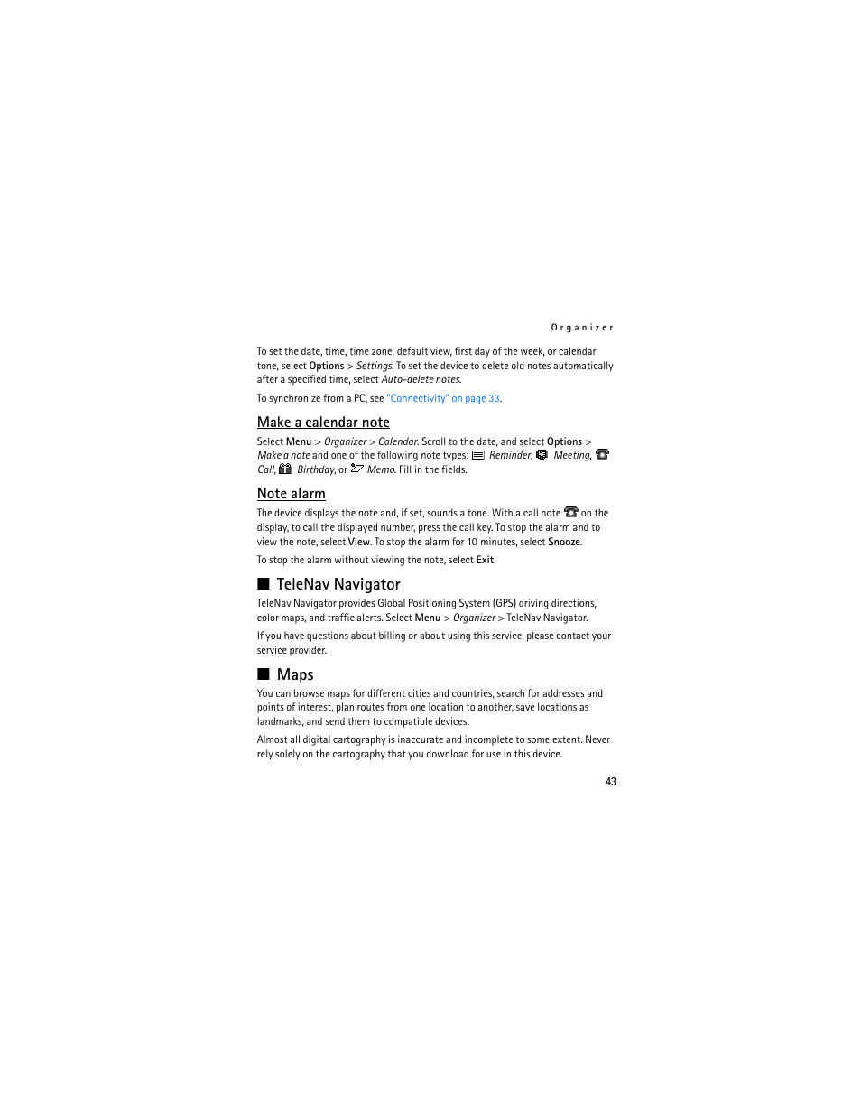 Make a calendar note, Note alarm, Telenav navigator | Maps | Nokia 3711 User Manual | Page 43 / 138