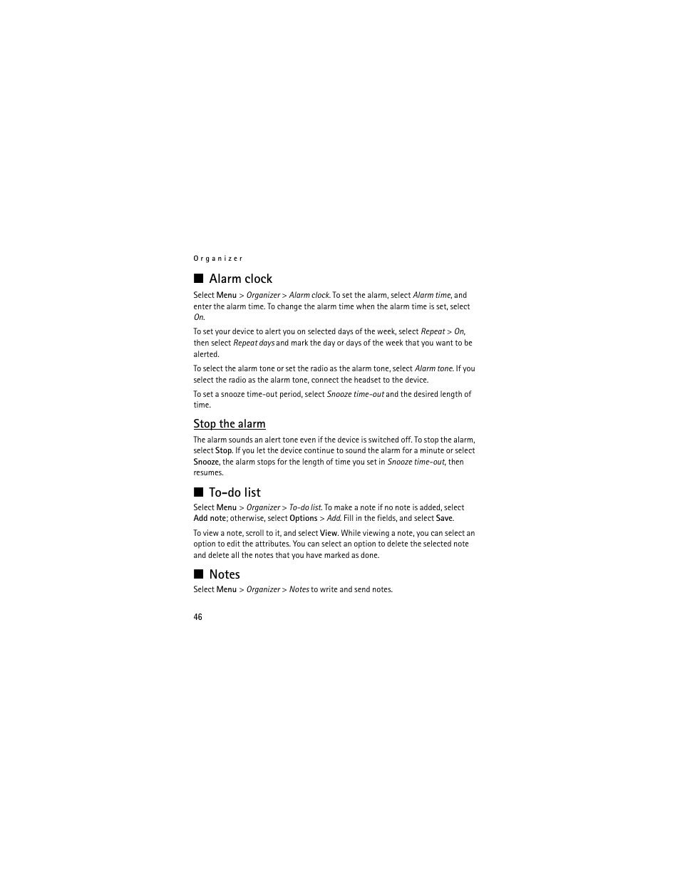 Alarm clock, Stop the alarm, To-do list | Notes | Nokia 3711 User Manual | Page 46 / 138