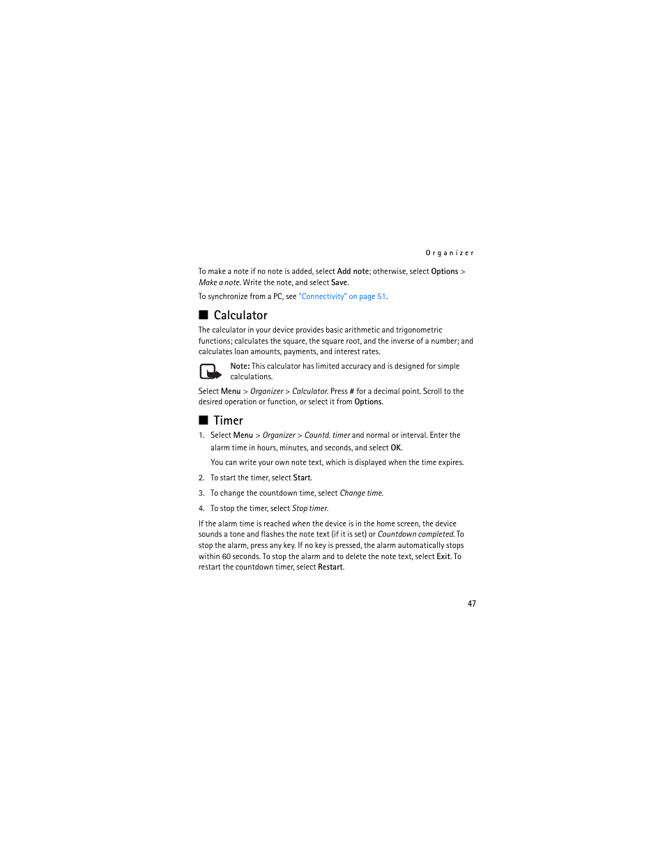 Calculator, Timer | Nokia 3711 User Manual | Page 47 / 138