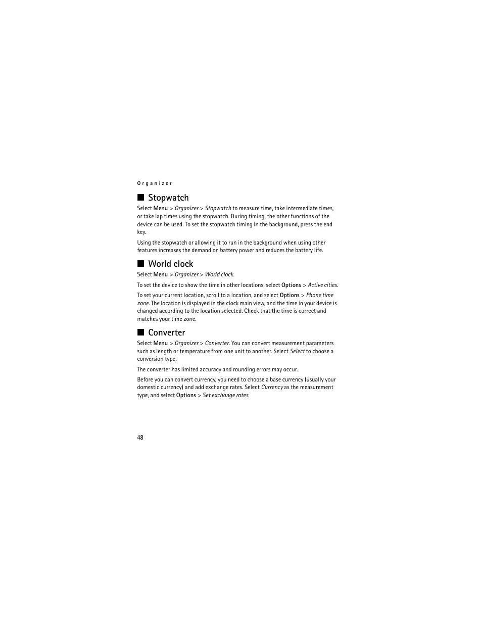 Stopwatch, World clock, Converter | Nokia 3711 User Manual | Page 48 / 138