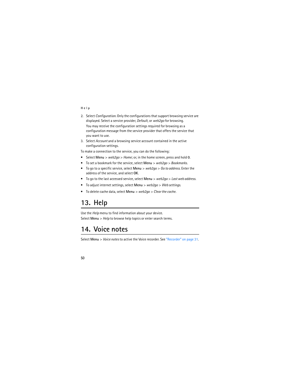 Help, Voice notes | Nokia 3711 User Manual | Page 50 / 138