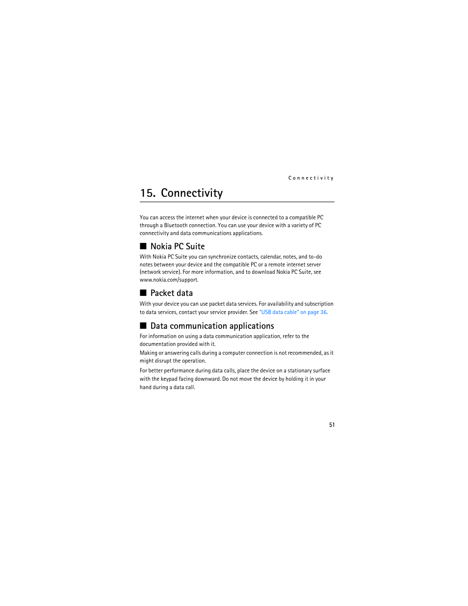 Connectivity, Nokia pc suite, Packet data | Data communication applications | Nokia 3711 User Manual | Page 51 / 138