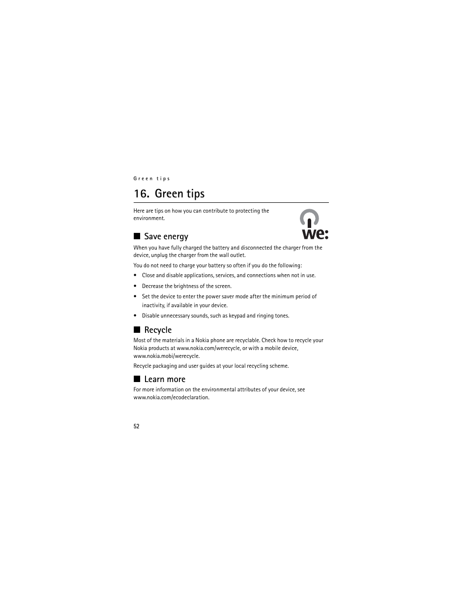 Green tips, Save energy, Recycle | Learn more | Nokia 3711 User Manual | Page 52 / 138
