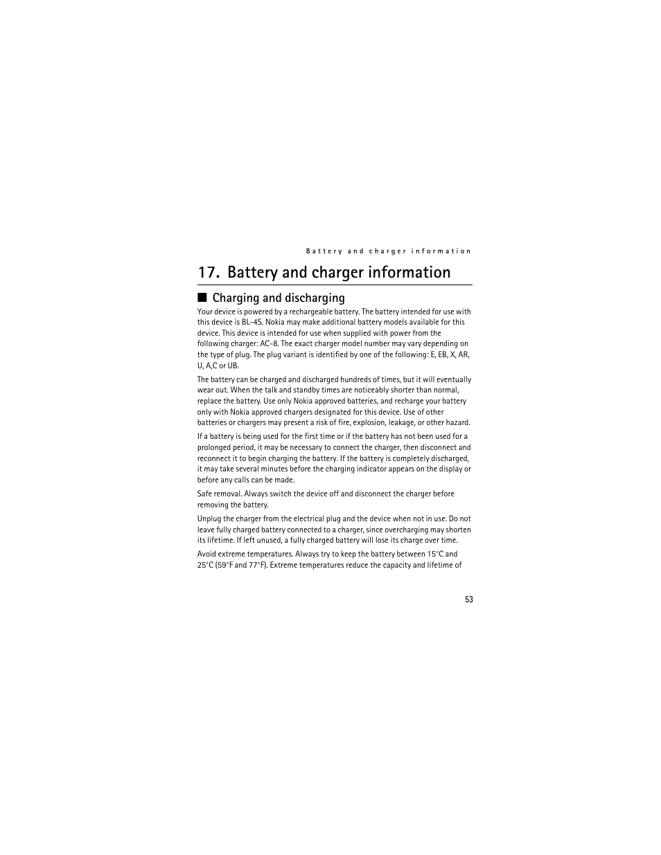 Battery and charger information, Charging and discharging | Nokia 3711 User Manual | Page 53 / 138