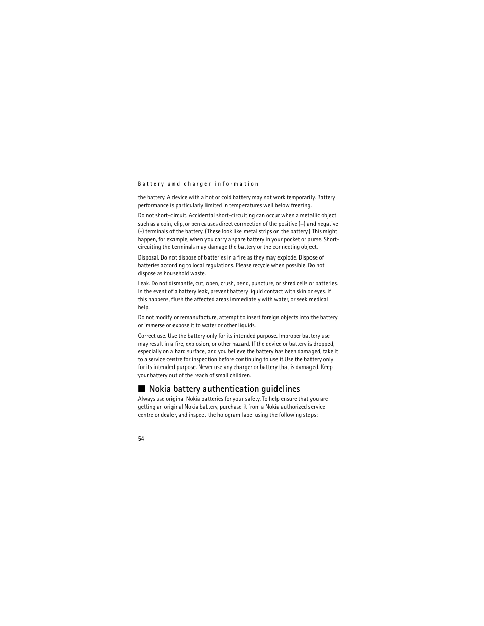 Nokia battery authentication guidelines | Nokia 3711 User Manual | Page 54 / 138