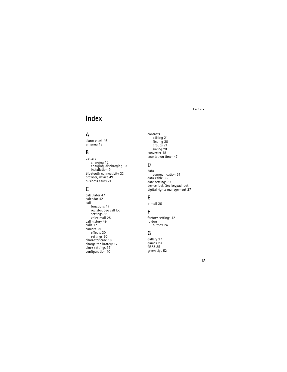 Index | Nokia 3711 User Manual | Page 63 / 138