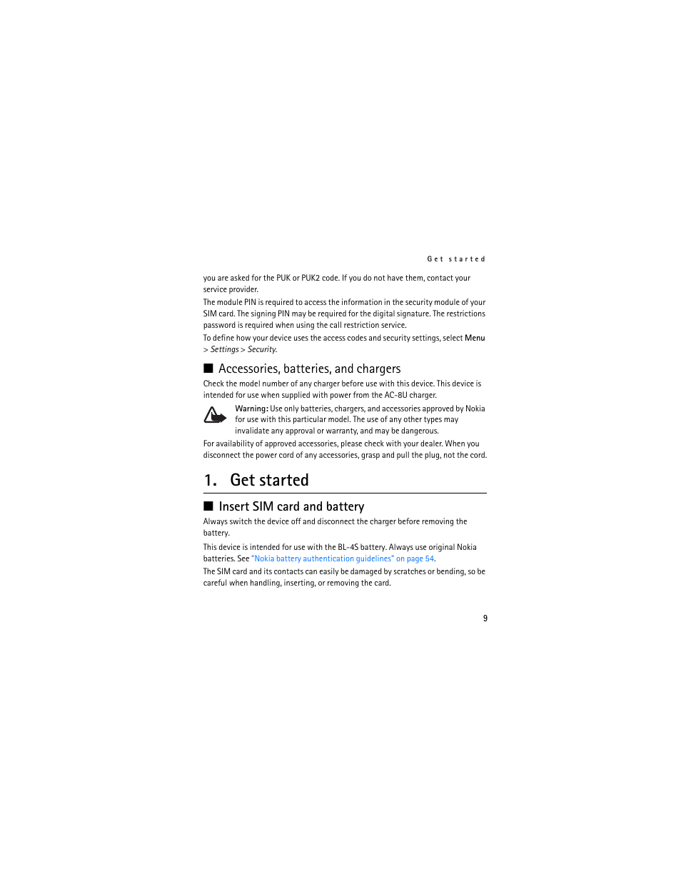 Get started, Insert sim card and battery, Accessories, batteries, and chargers | Nokia 3711 User Manual | Page 9 / 138