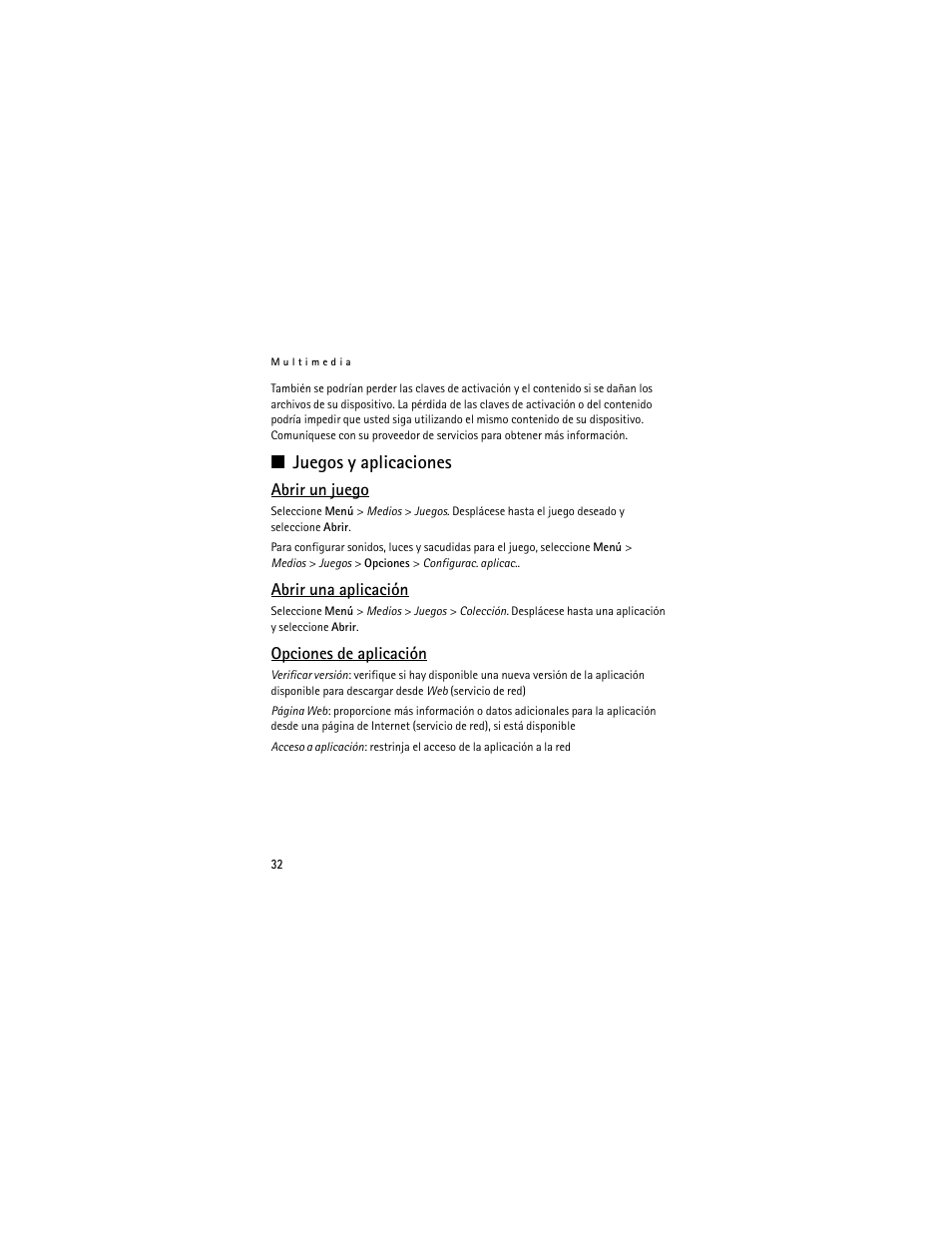 Juegos y aplicaciones, Abrir un juego, Abrir una aplicación | Opciones de aplicación | Nokia 3711 User Manual | Page 97 / 138