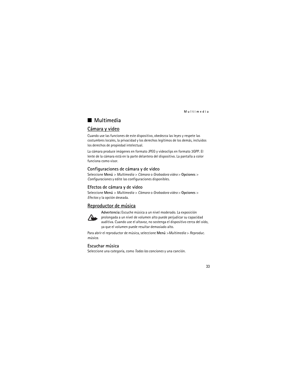 Multimedia, Cámara y video, Configuraciones de cámara y de video | Efectos de cámara y de video, Reproductor de música, Escuchar música | Nokia 3711 User Manual | Page 98 / 138