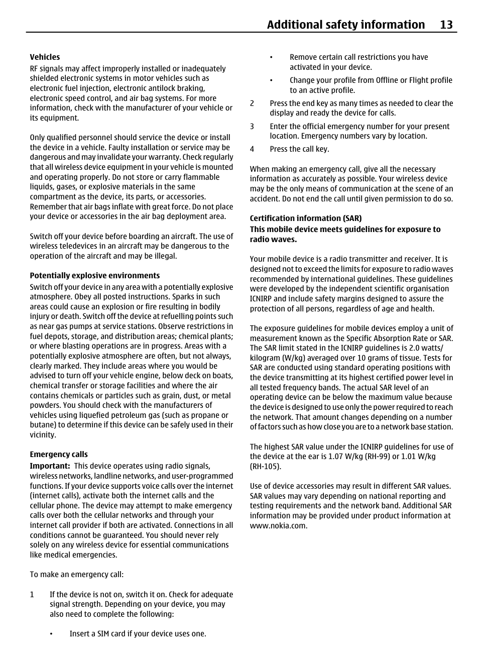 Vehicles, Potentially explosive environments, Emergency calls | Certification information (sar), Additional safety information 13 | Nokia 1208 EN User Manual | Page 13 / 14