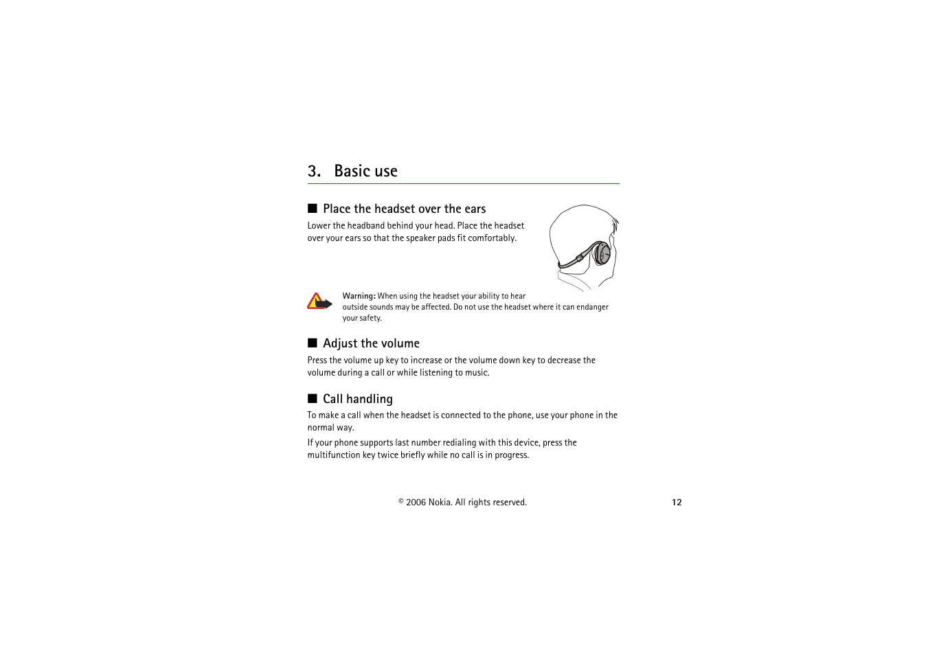 Basic use, Place the headset over the ears, Adjust the volume | Call handling | Nokia BH-501 User Manual | Page 12 / 17