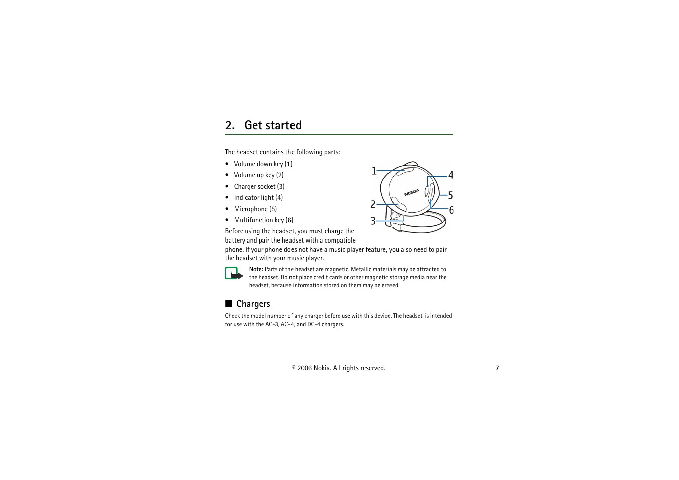 Get started, Chargers | Nokia BH-501 User Manual | Page 7 / 17