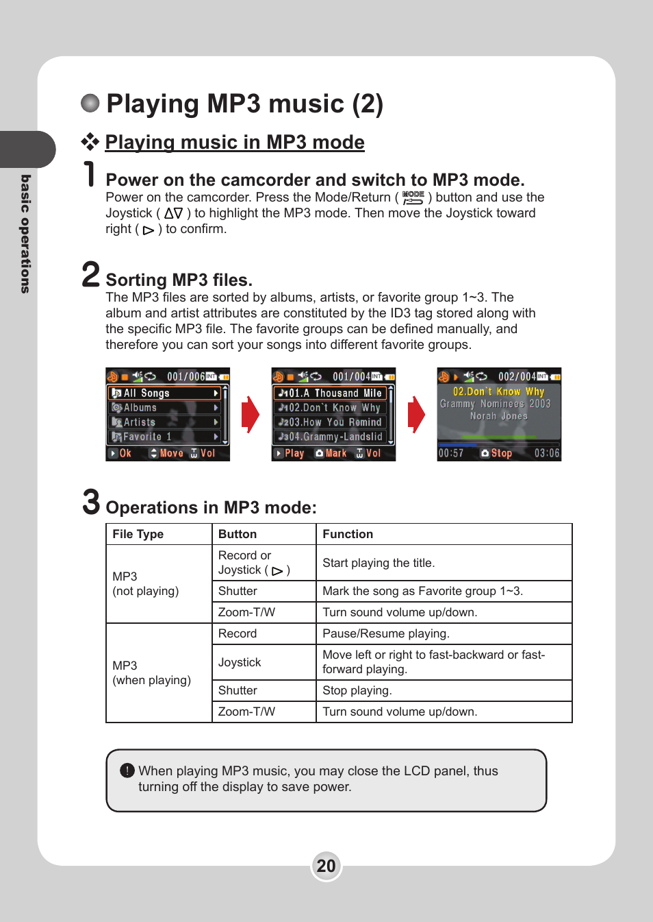Playing mp3 music (2), Playing music in mp3 mode, Power on the camcorder and switch to mp3 mode | Sorting mp3 ﬁles, Operations in mp3 mode | Nokia 6108 User Manual | Page 22 / 59