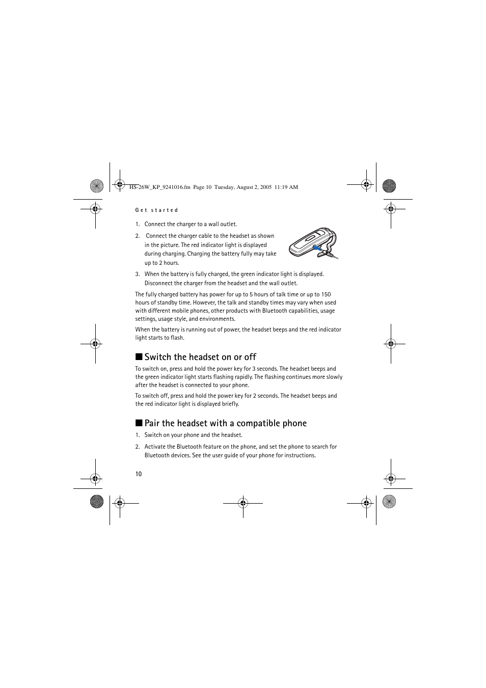 Switch the headset on or off, Pair the headset with a compatible phone | Nokia HS 26W User Manual | Page 10 / 80