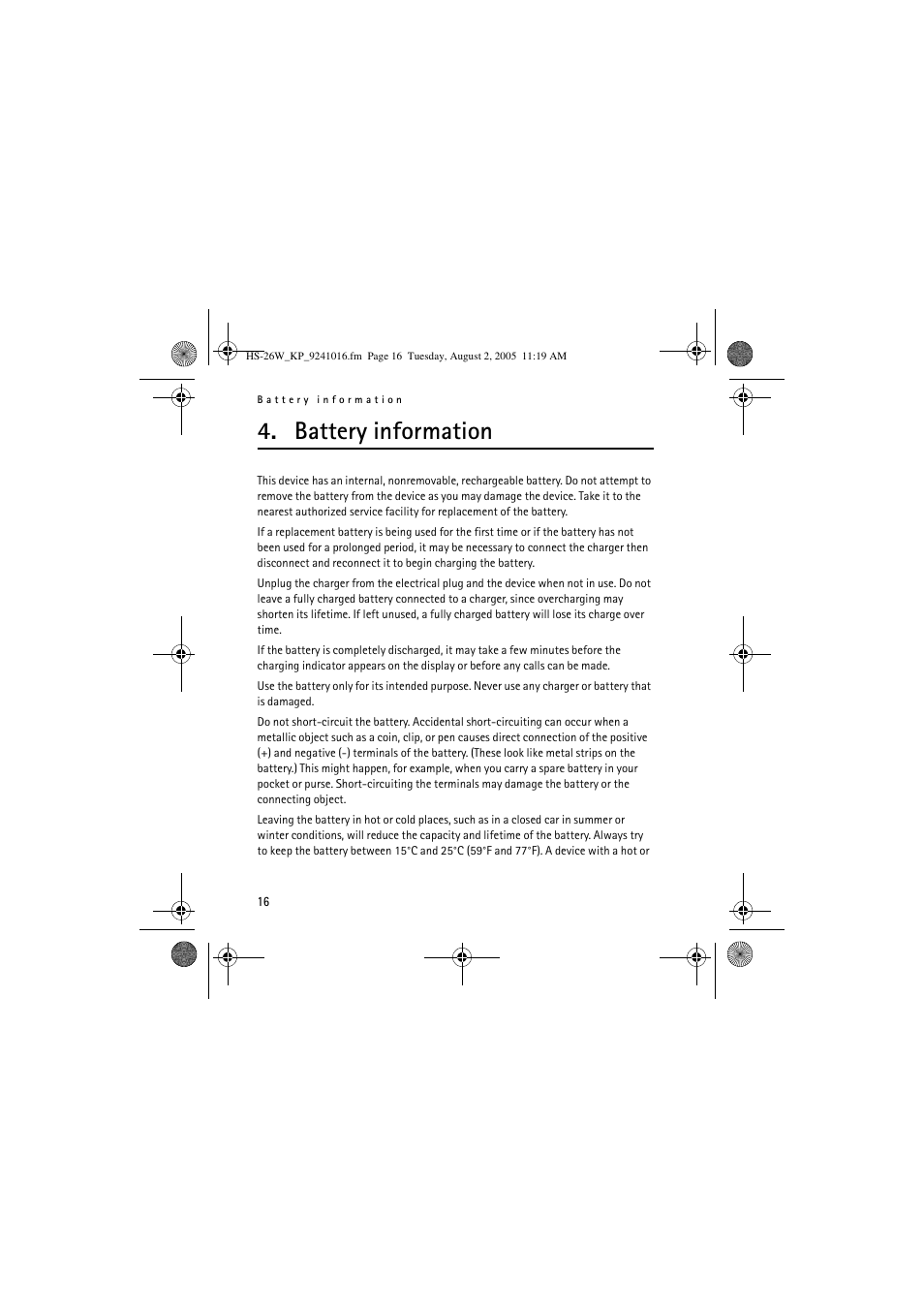 Battery information | Nokia HS 26W User Manual | Page 16 / 80