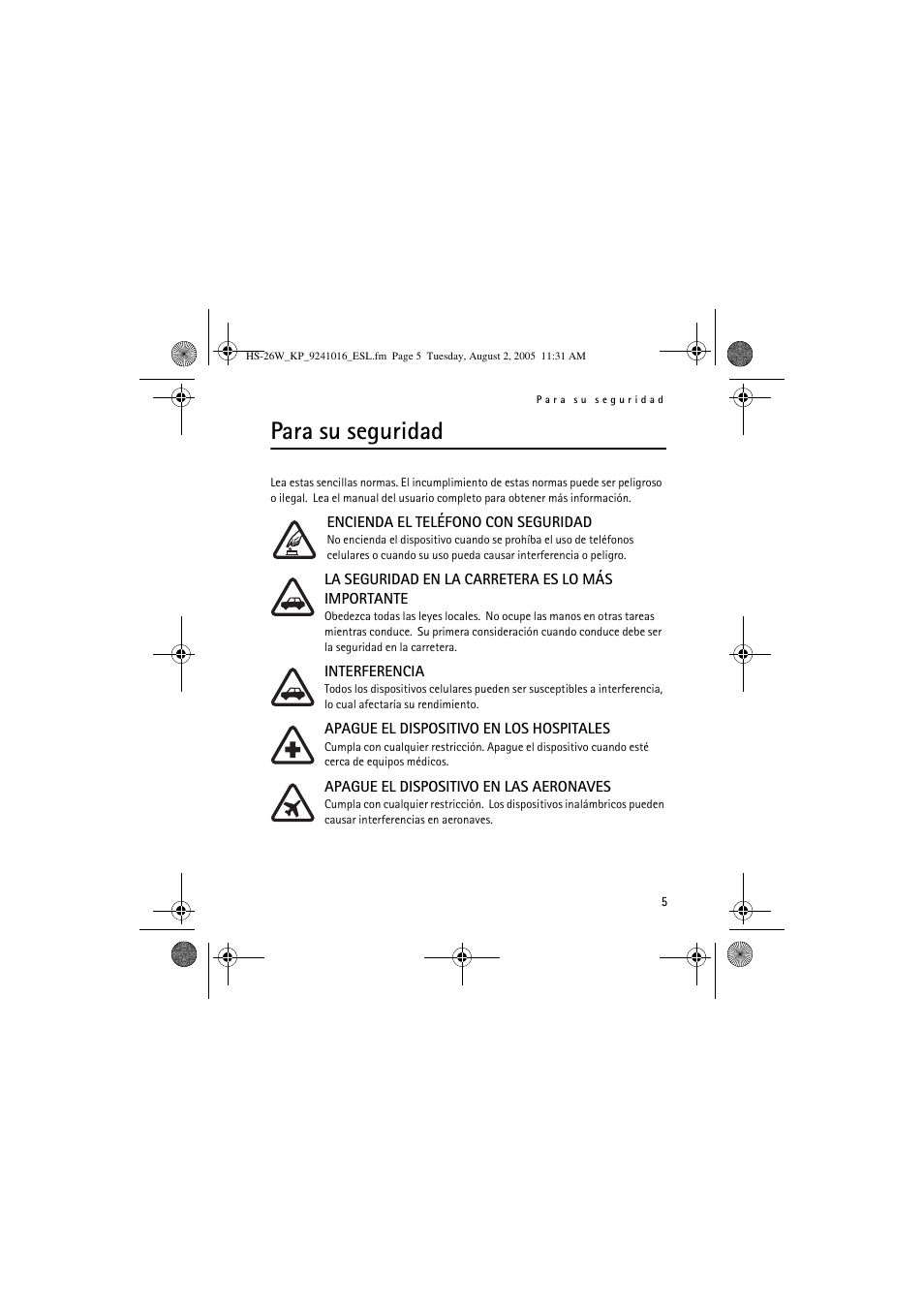 Para su seguridad | Nokia HS 26W User Manual | Page 23 / 80