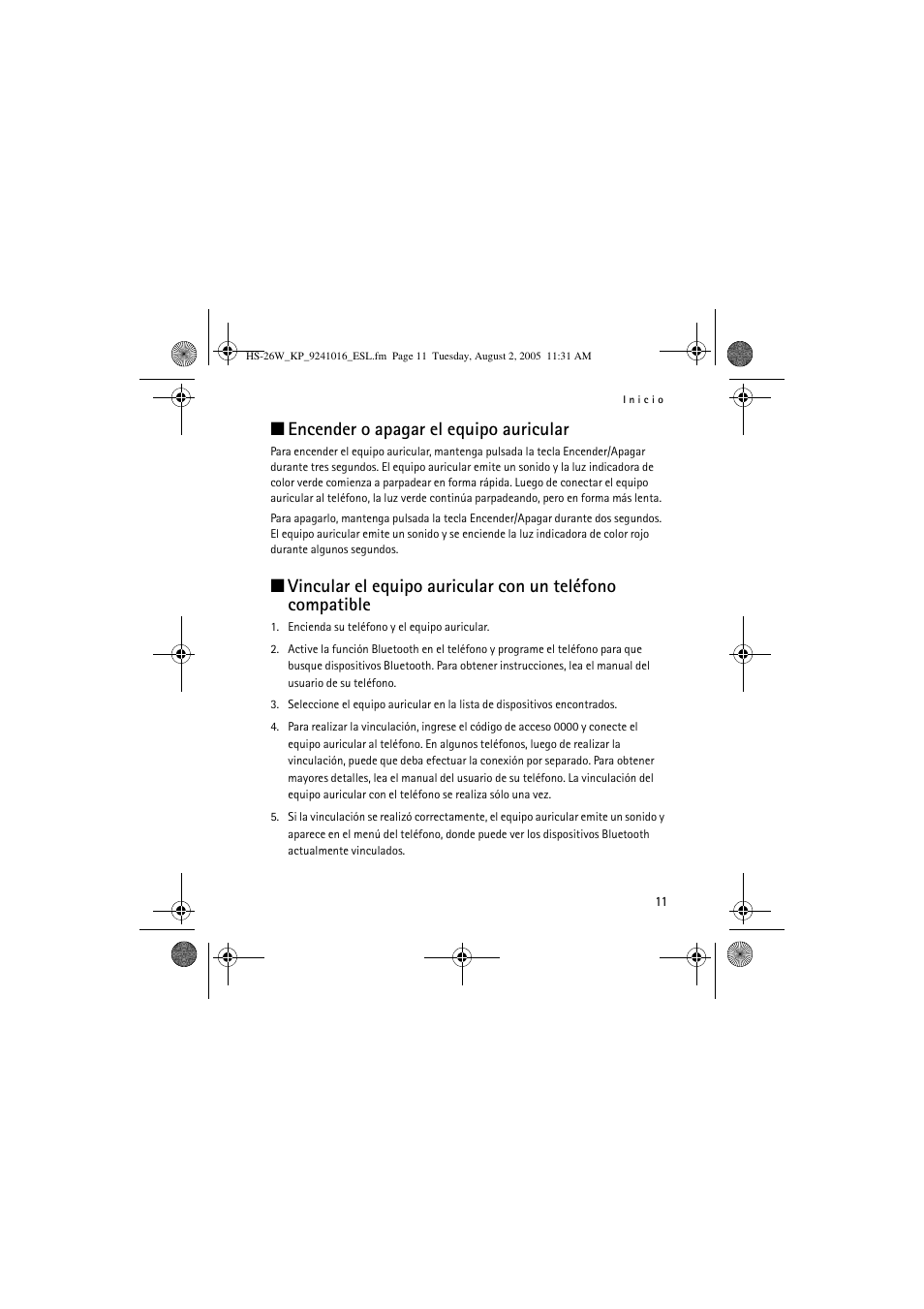 Encender o apagar el equipo auricular | Nokia HS 26W User Manual | Page 29 / 80