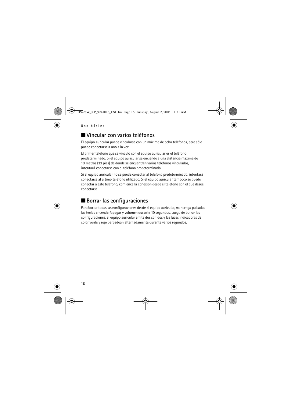 Vincular con varios teléfonos, Borrar las configuraciones | Nokia HS 26W User Manual | Page 34 / 80