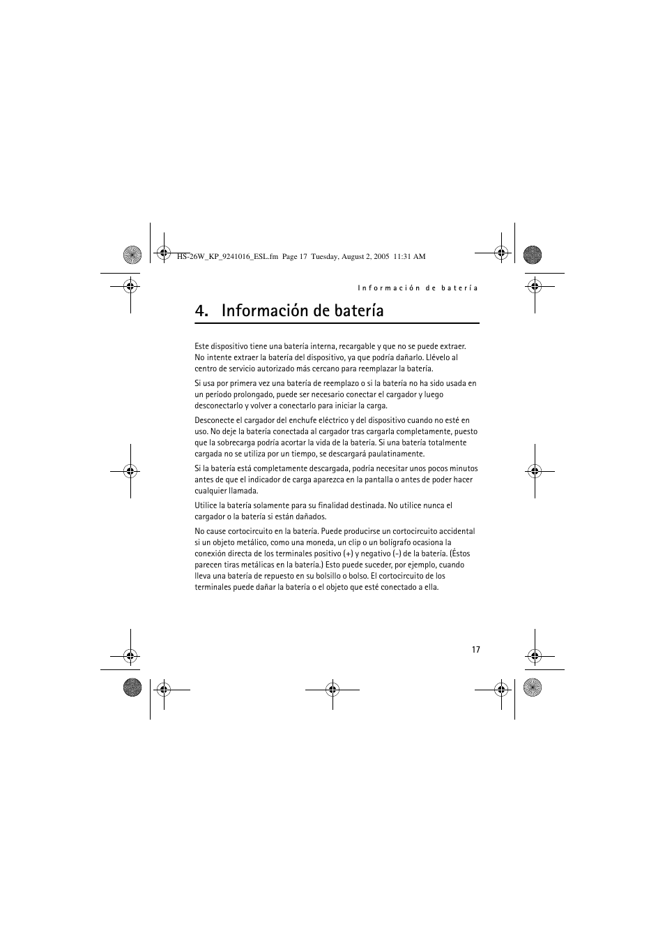 Información de batería | Nokia HS 26W User Manual | Page 35 / 80