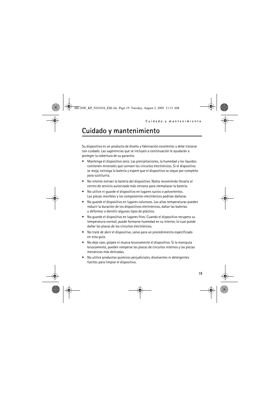 Cuidado y mantenimiento | Nokia HS 26W User Manual | Page 37 / 80