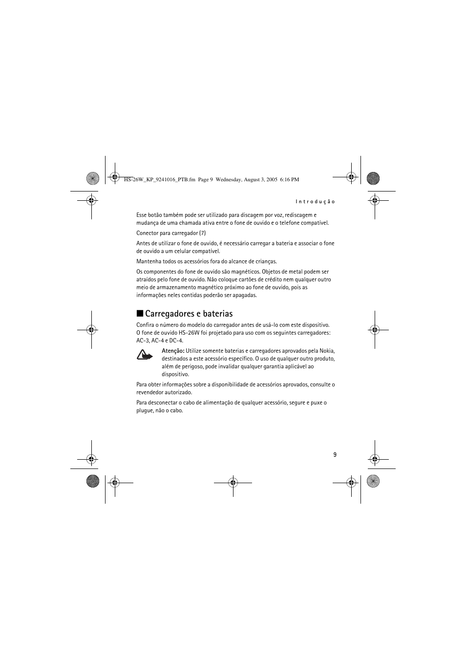 Carregadores e baterias | Nokia HS 26W User Manual | Page 47 / 80