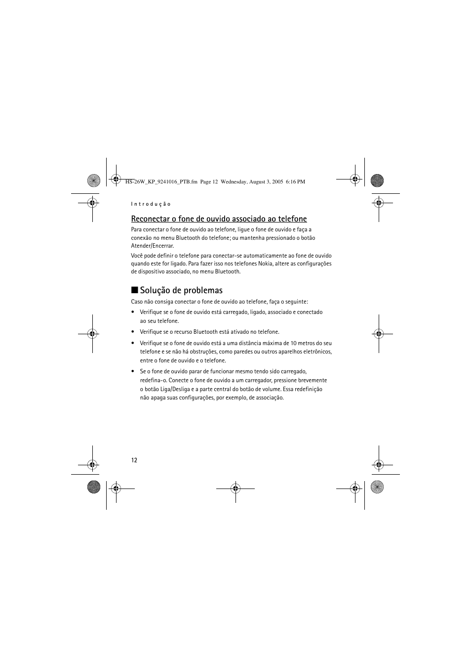 Solução de problemas, Reconectar o fone de ouvido associado ao telefone | Nokia HS 26W User Manual | Page 50 / 80