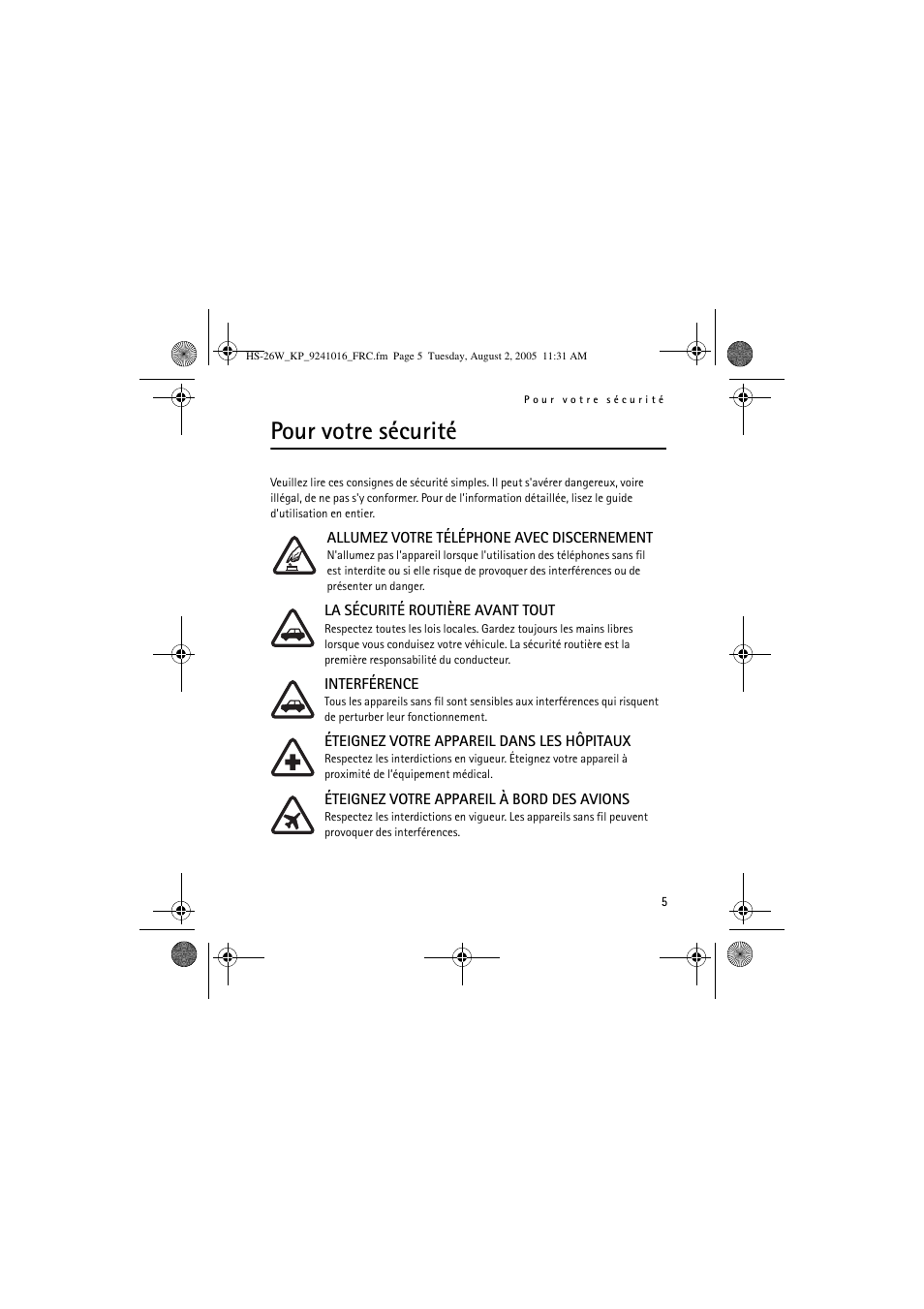 Pour votre sécurité | Nokia HS 26W User Manual | Page 63 / 80