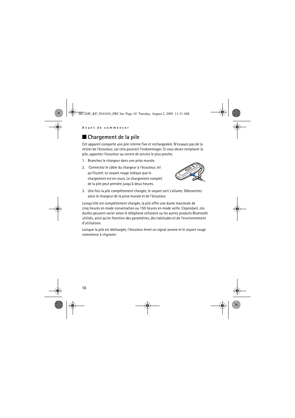 Chargement de la pile | Nokia HS 26W User Manual | Page 68 / 80