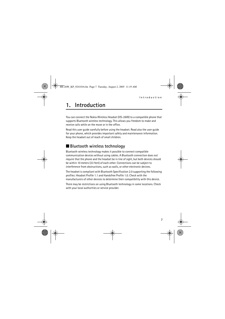 Introduction, Bluetooth wireless technology | Nokia HS 26W User Manual | Page 7 / 80