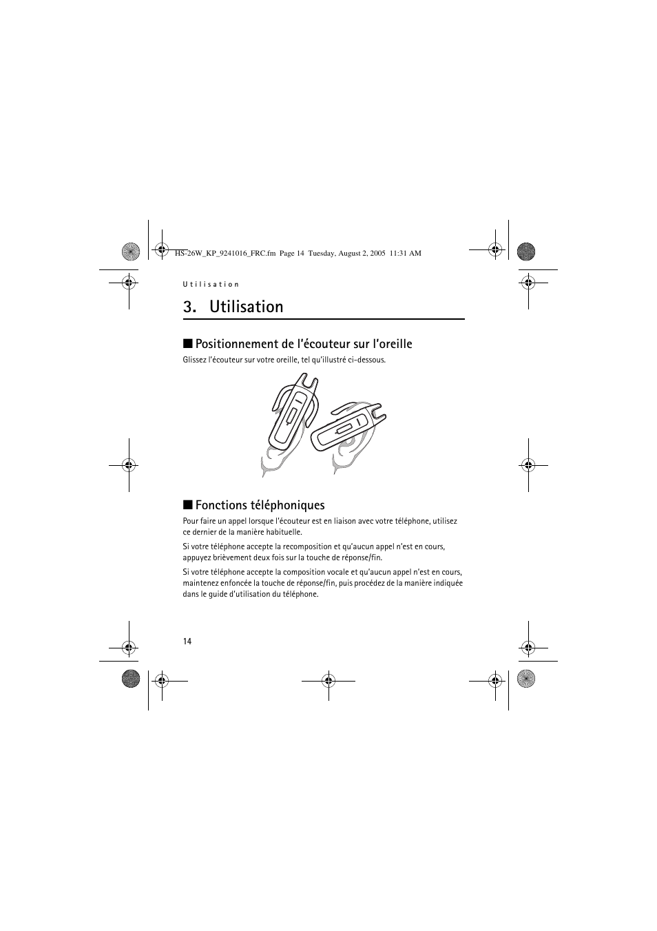 Utilisation, Positionnement de l’écouteur sur l’oreille, Fonctions téléphoniques | Nokia HS 26W User Manual | Page 72 / 80