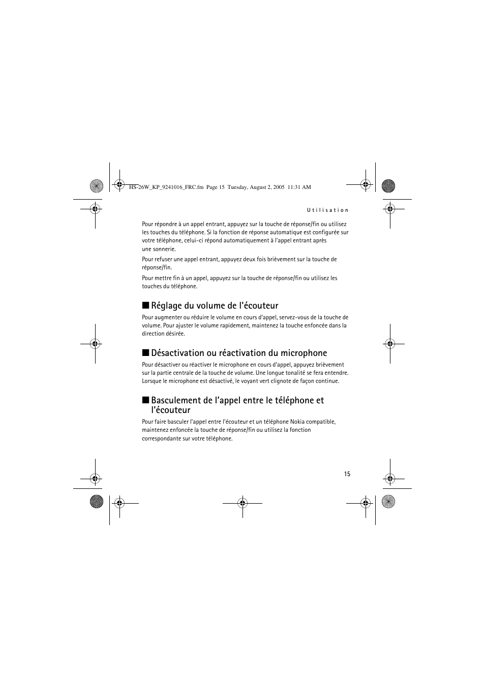 Réglage du volume de l'écouteur, Désactivation ou réactivation du microphone | Nokia HS 26W User Manual | Page 73 / 80