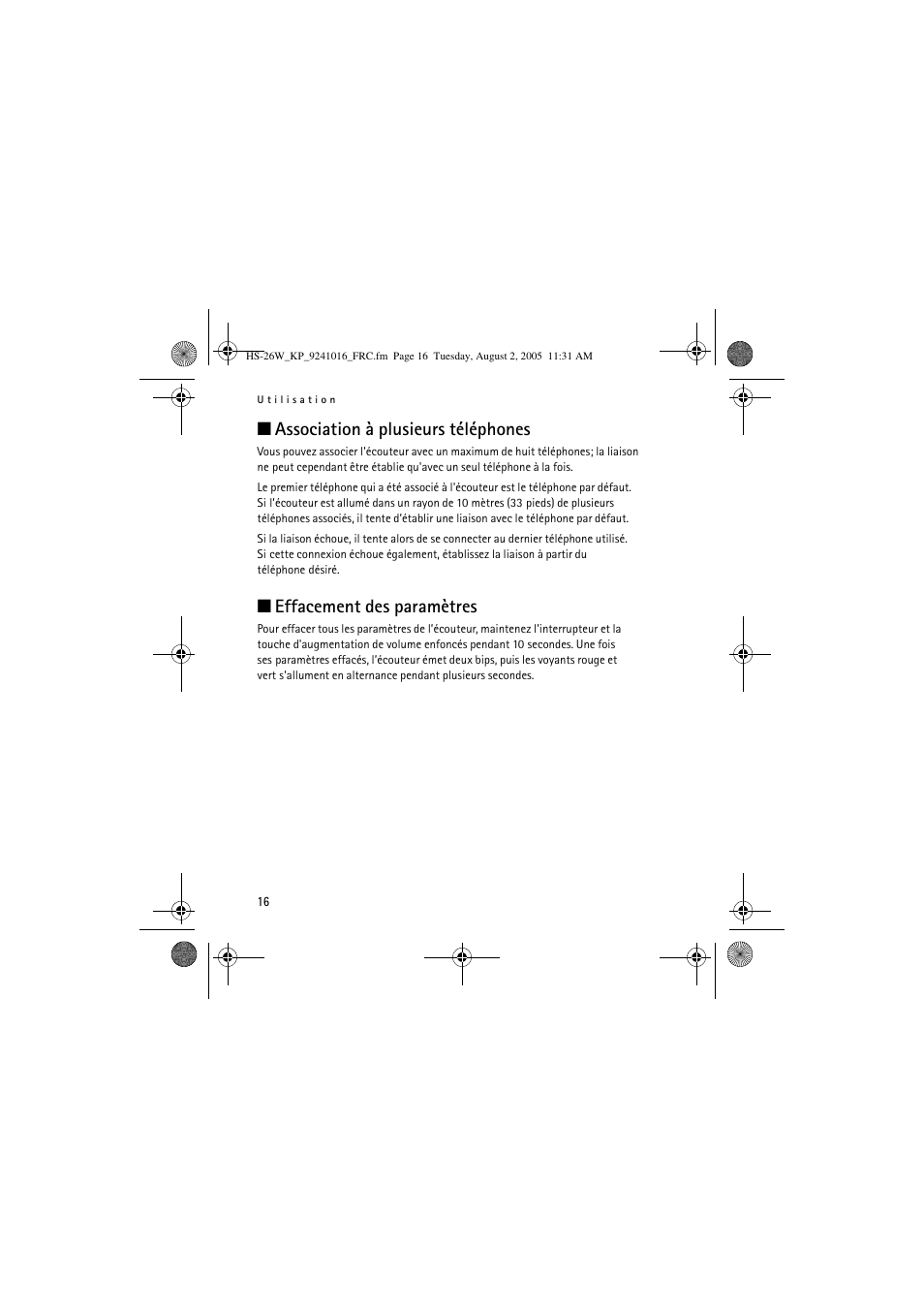 Association à plusieurs téléphones, Effacement des paramètres | Nokia HS 26W User Manual | Page 74 / 80