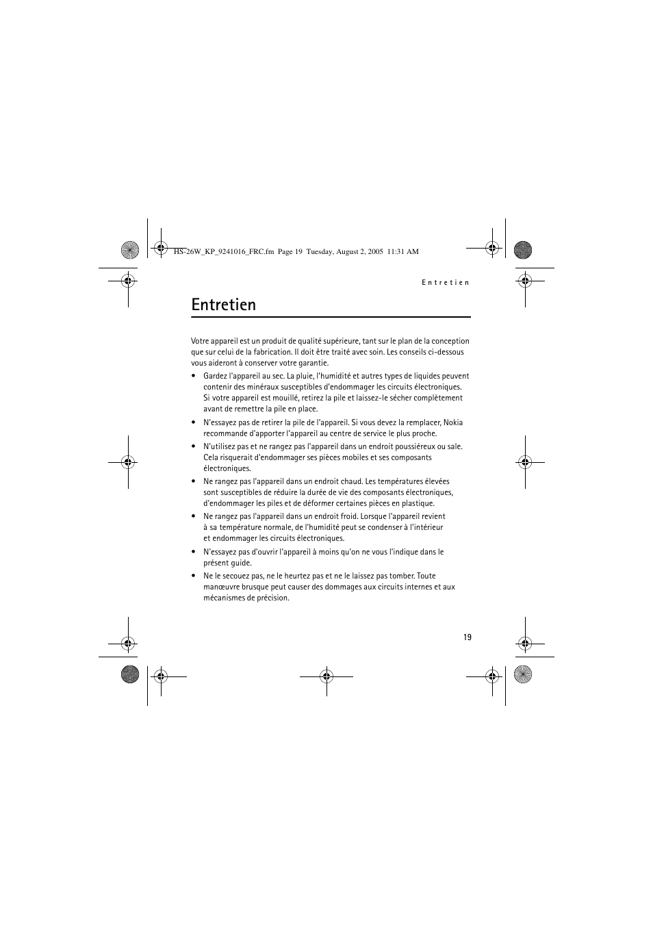 Entretien | Nokia HS 26W User Manual | Page 77 / 80
